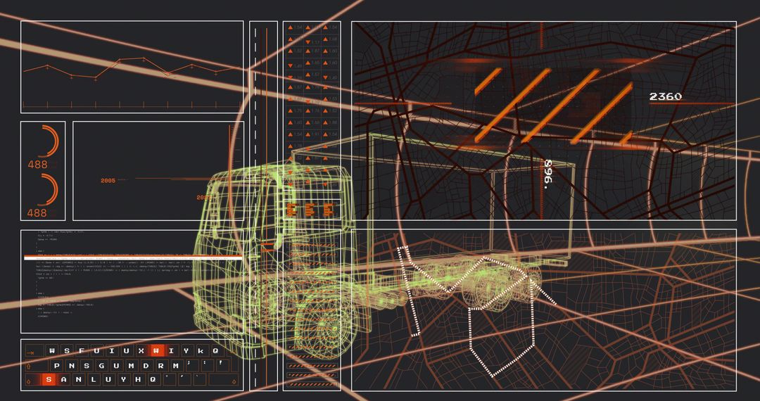 Wireframe Truck Rotating over Futuristic City Map with HUD Interface and Route Markers
