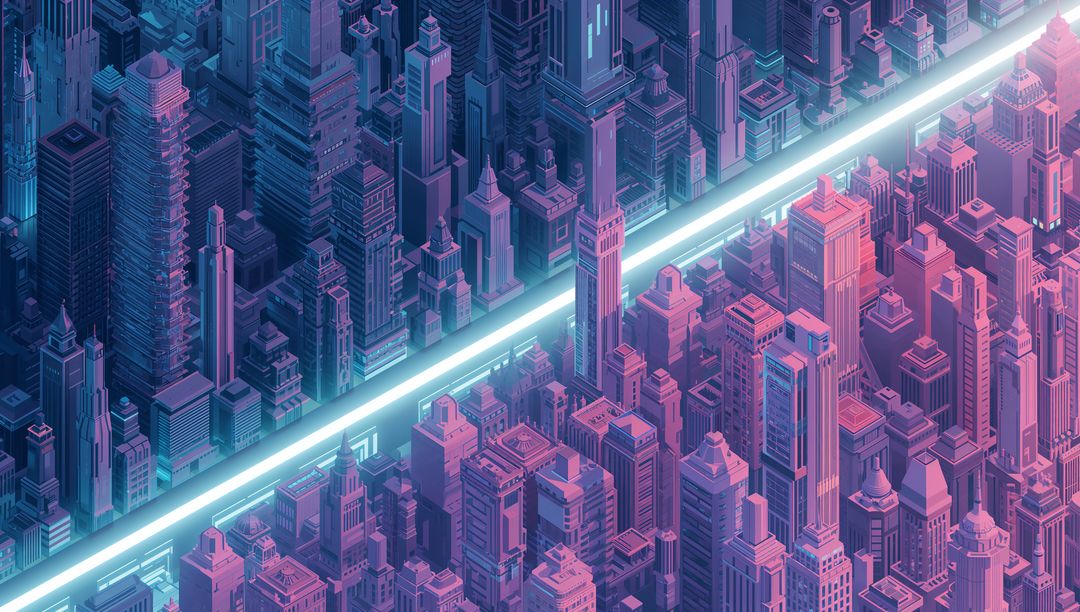 Neon Beam Cutting Through Isometric Cyberpunk Metropolis at Twilight, Futuristic Skyline