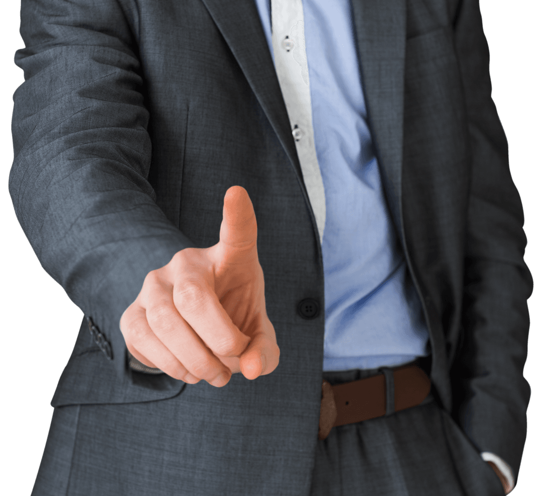 Confident Businessman in Grey Suit Pointing Transparency