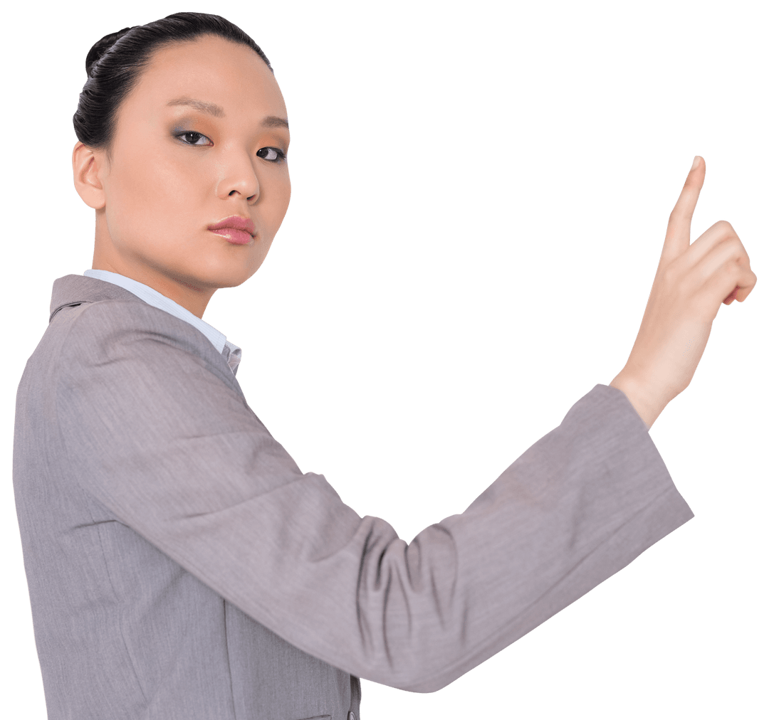 Asian Businesswoman Touching Virtual Screen with Transparent Background
