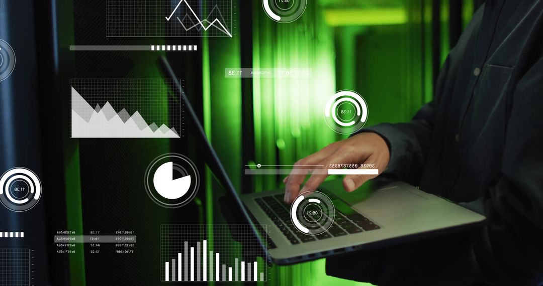 IT Engineer Analyzing Data with Futuristic Interface in Server Room