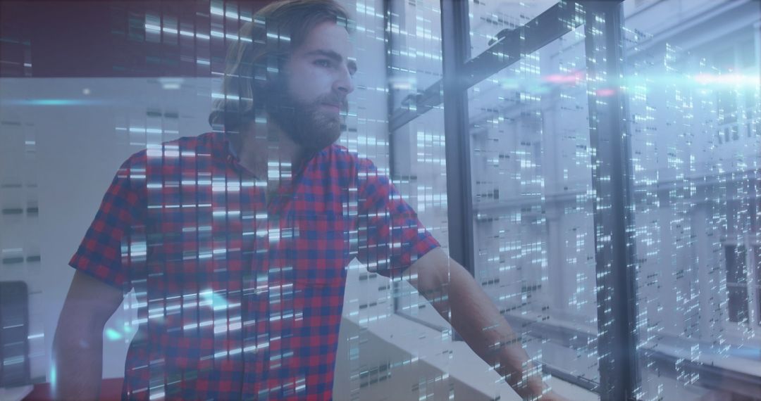 Caucasian Businessman Observing Through Technology Interface