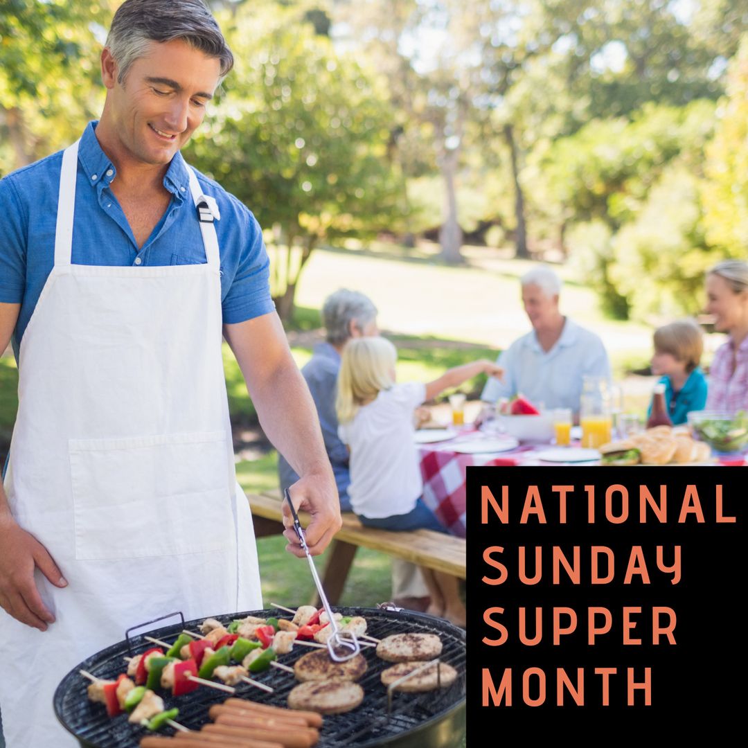 Man Grilling at Outdoor Family Gathering Celebrating National Sunday Supper Month - Download Free Stock Templates Pikwizard.com