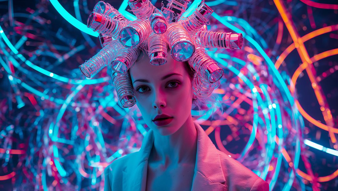 Futuristic Model with Metallic Hair Rollers in Neon Abstract Setting