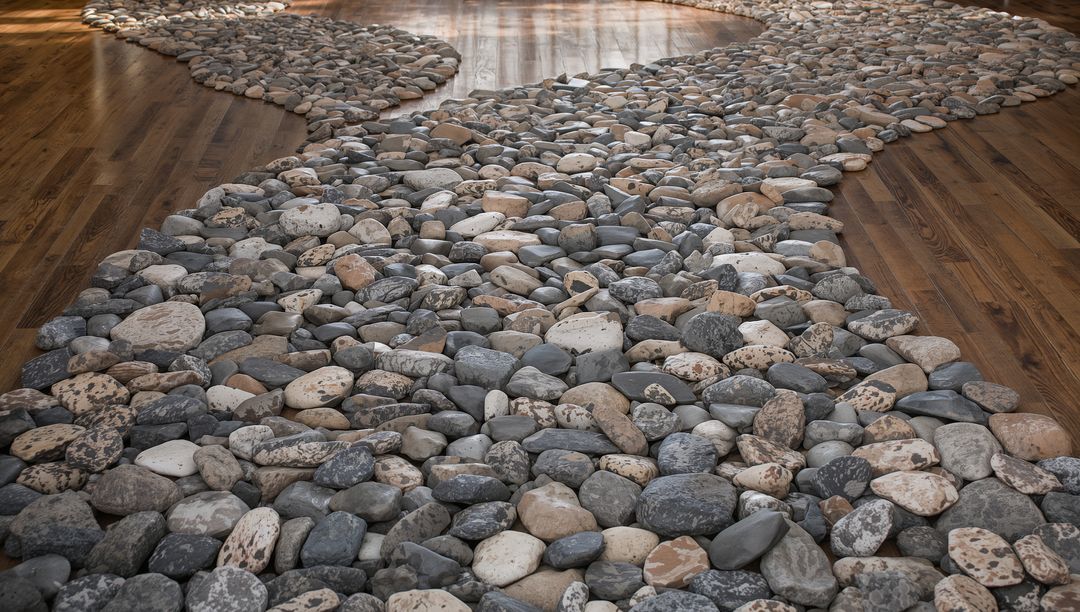 Winding River Stone Pathways Flowing Across Polished Hardwood Gallery Floor Casting Light Reflection