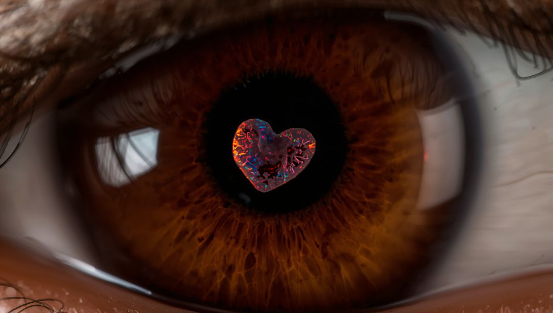 Brown eye macro showing iridescent multicolor heart reflecting in dark pupil closeup