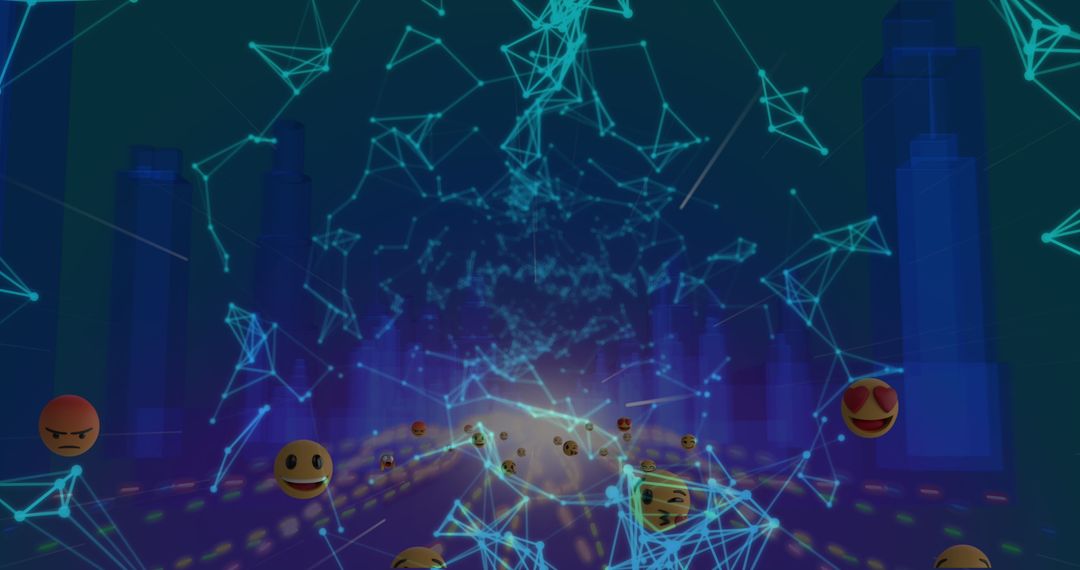 Emojis over Digital Cityscape with Luminous Network Connections