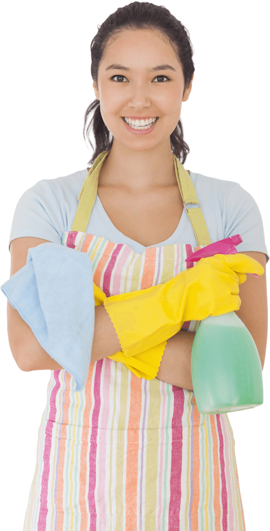 Smiling Woman with Cleaning Supplies on Transparent Background