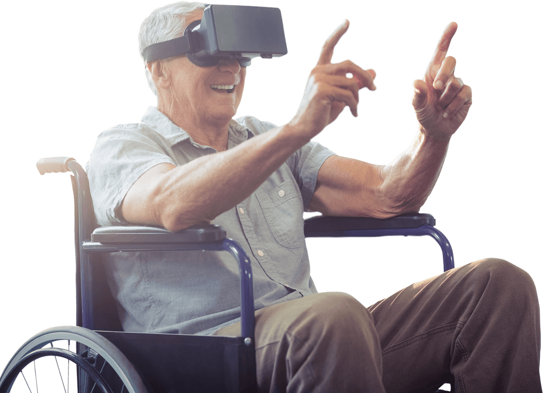 Elderly Man in Wheelchair Wearing VR Headset on Transparent Background