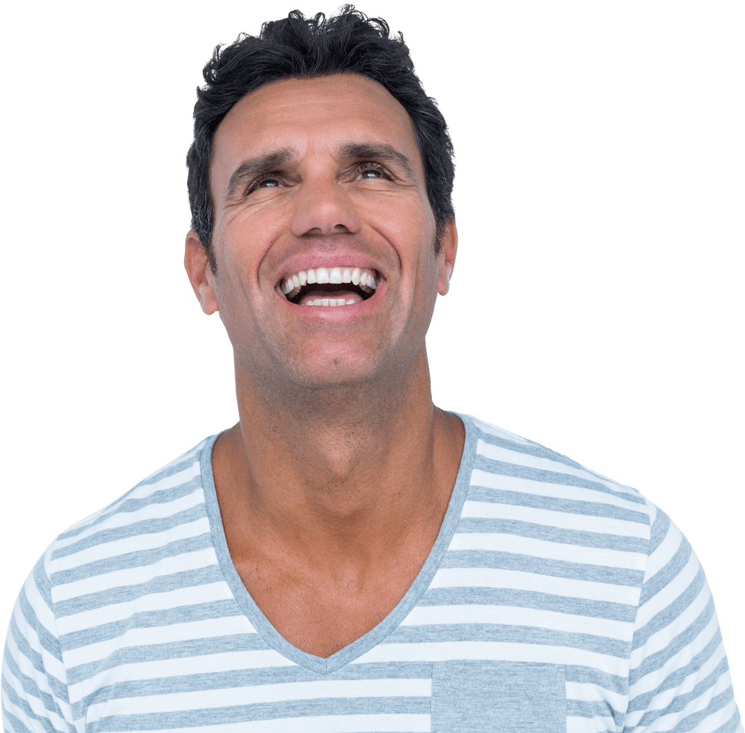 Cheerful Man Smiling Upward on Transparent Background