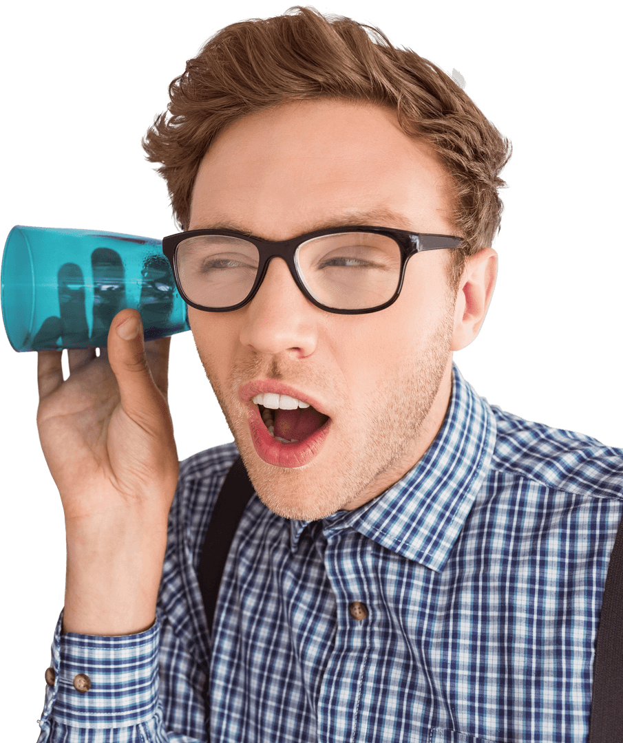 Geeky Businessman Listening with Transparent Blue Cup