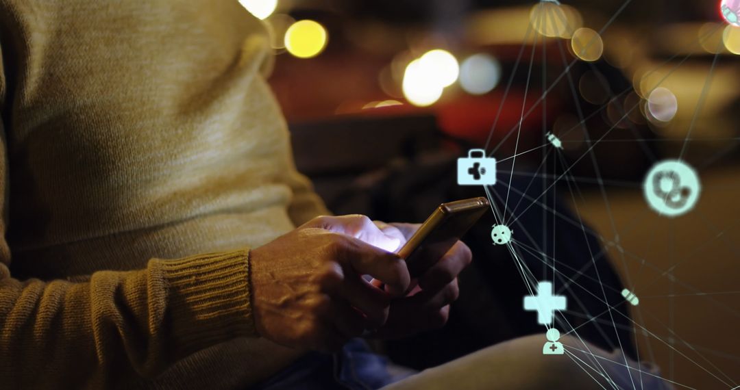 Man Using Smartphone with Digital Medical Network Overlay