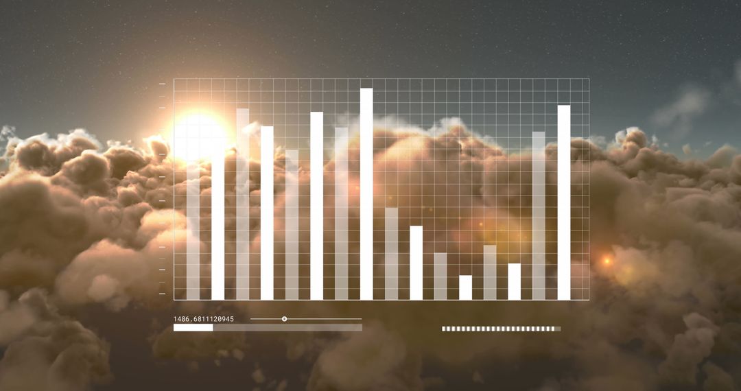 Digital Bar Chart Over Cloudscape with Glowing Sun