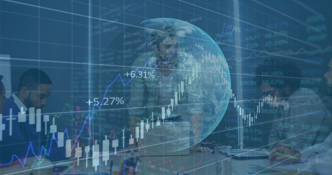 Business Team Analyzing Digital Financial Charts with Hologram Globe