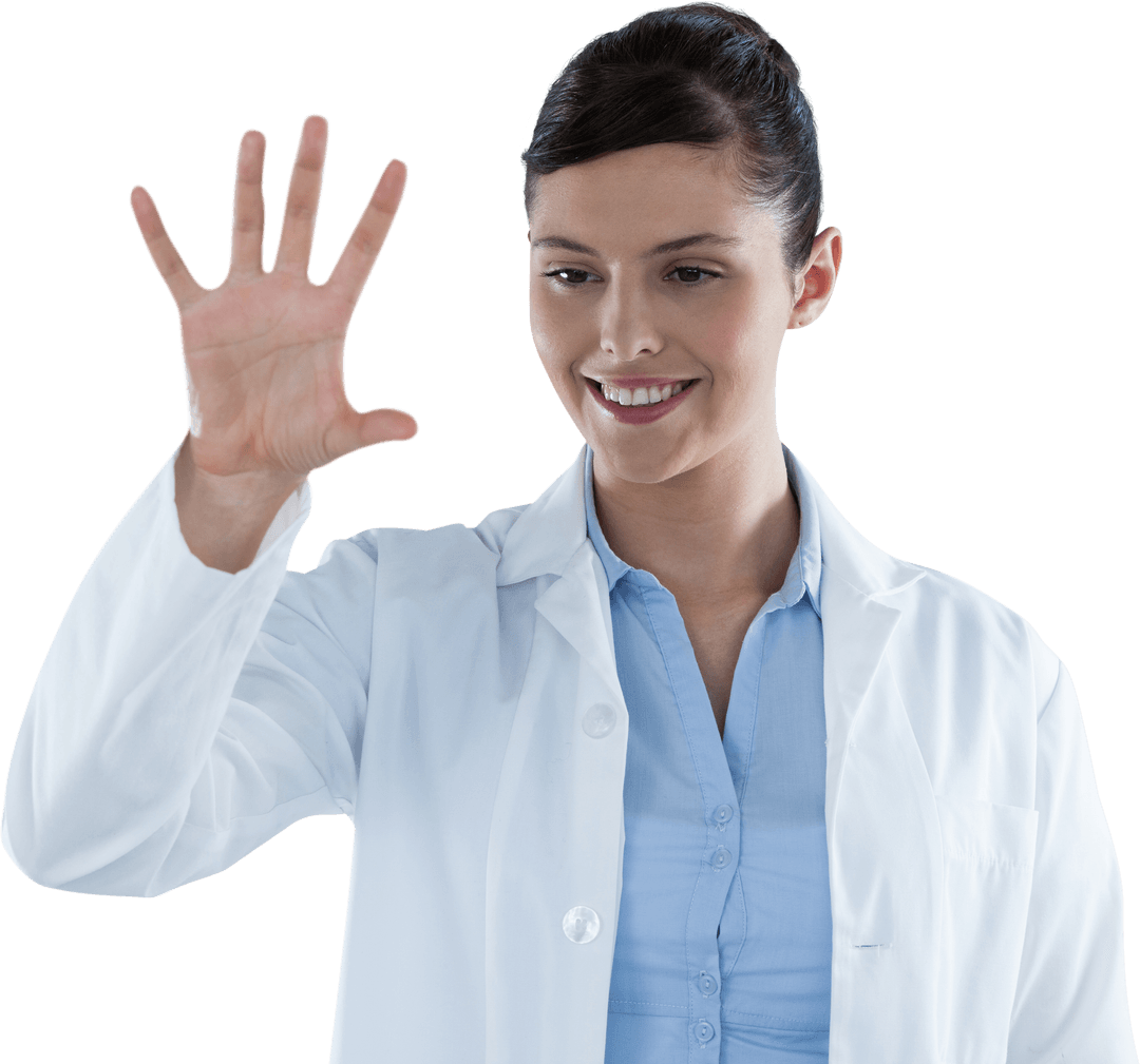 Smiling Female Doctor Interacting with Transparent Digital Interface