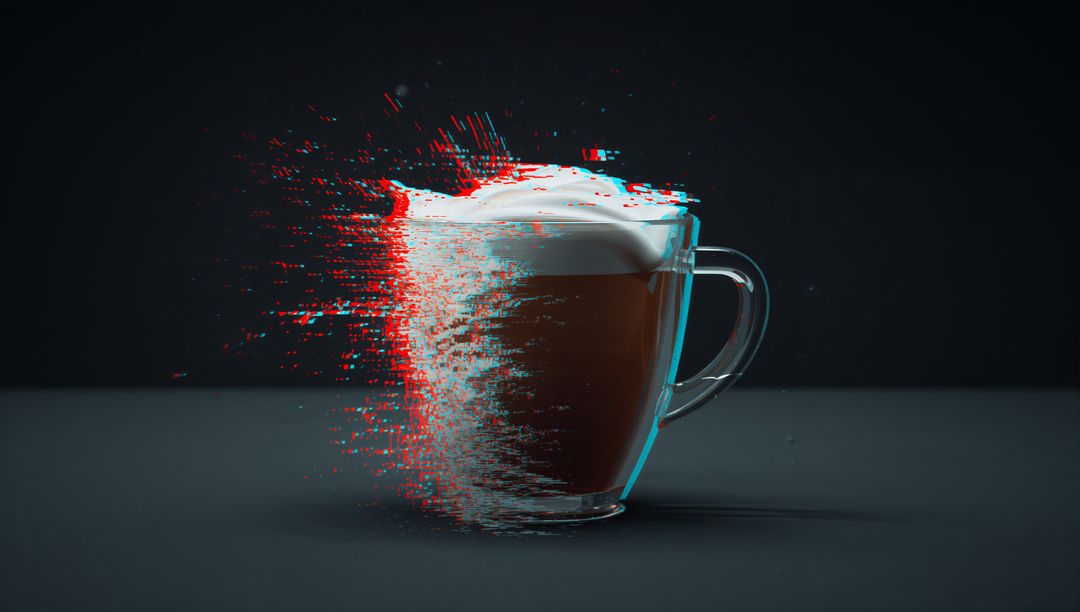 Glass Coffee Cup Dispersing into Red-Cyan Glitch Fragments with Cream Foam