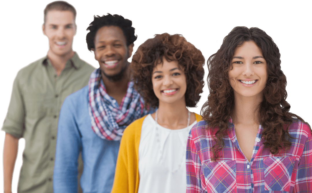 Transparent Friends in Stylish Attire Smiling Together