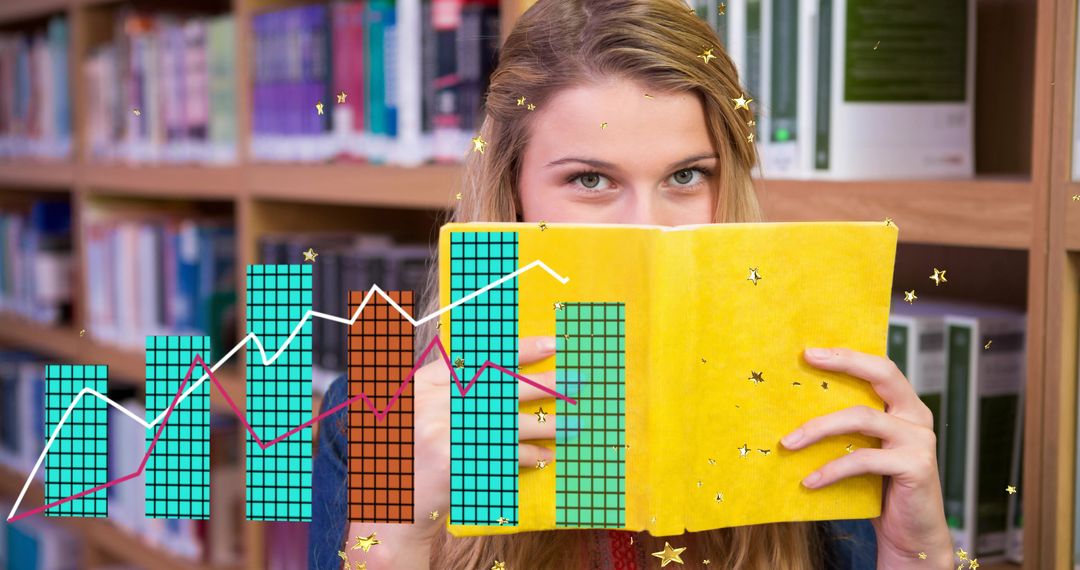 Student Reading in Library with Chart Overlay Representing Innovation