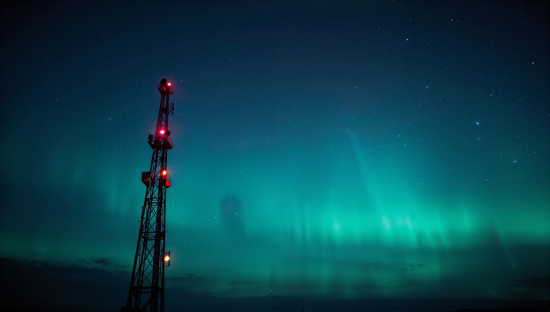 Steel lattice tower with red beacons under aurora borealis over remote plain at night