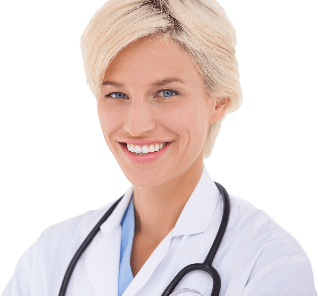 Transparent Smiling Blonde Doctor with Stethoscope