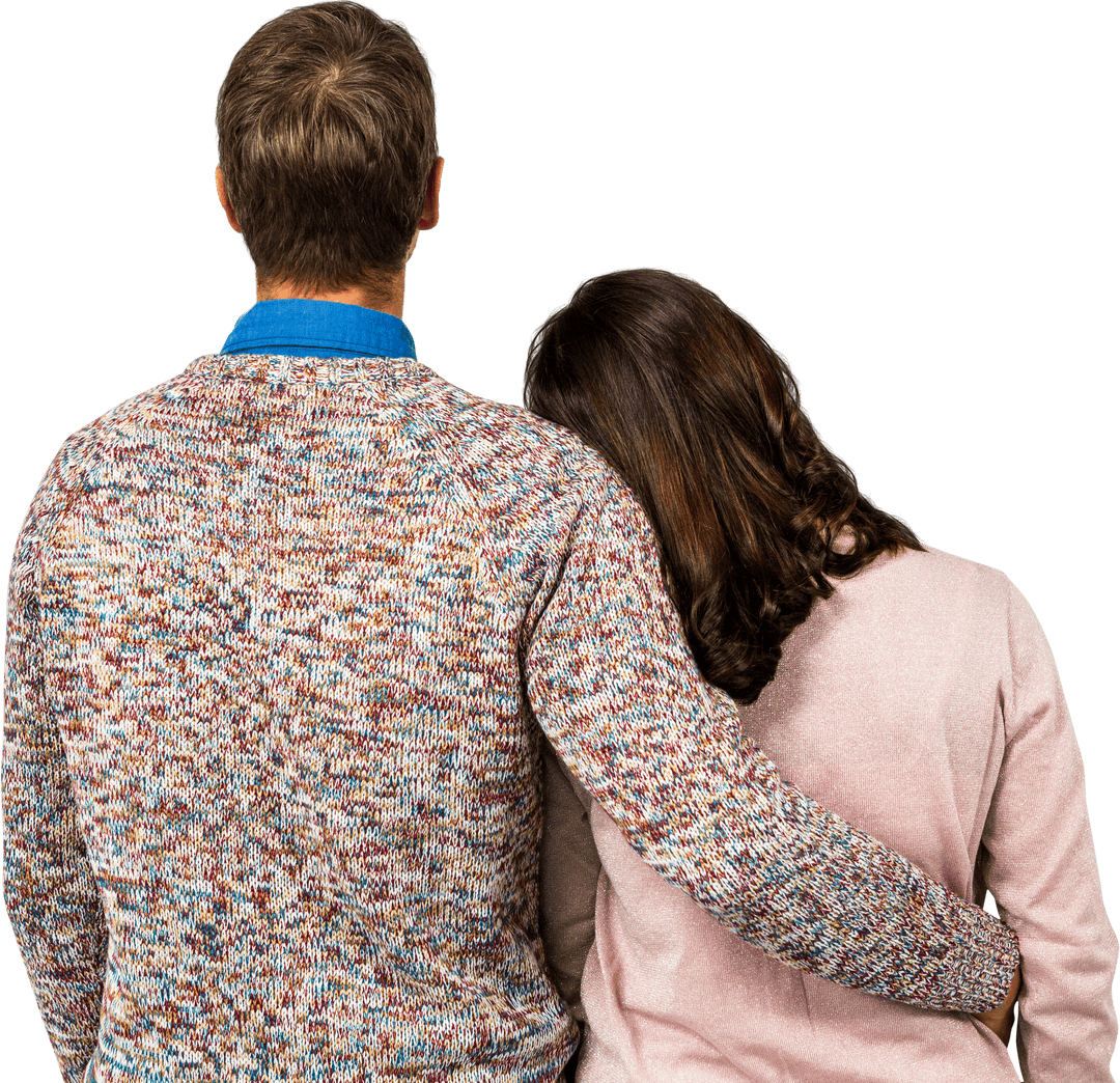 Transparent Rear View Hugging Couple in Casual Sweaters