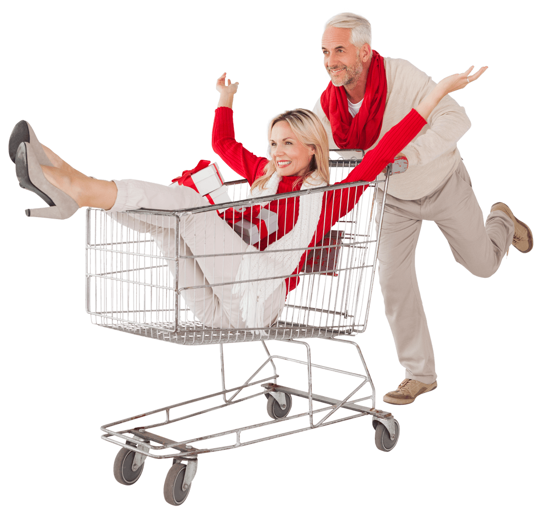 Joyful Couple Enjoying Christmas Shopping in Transparent Background