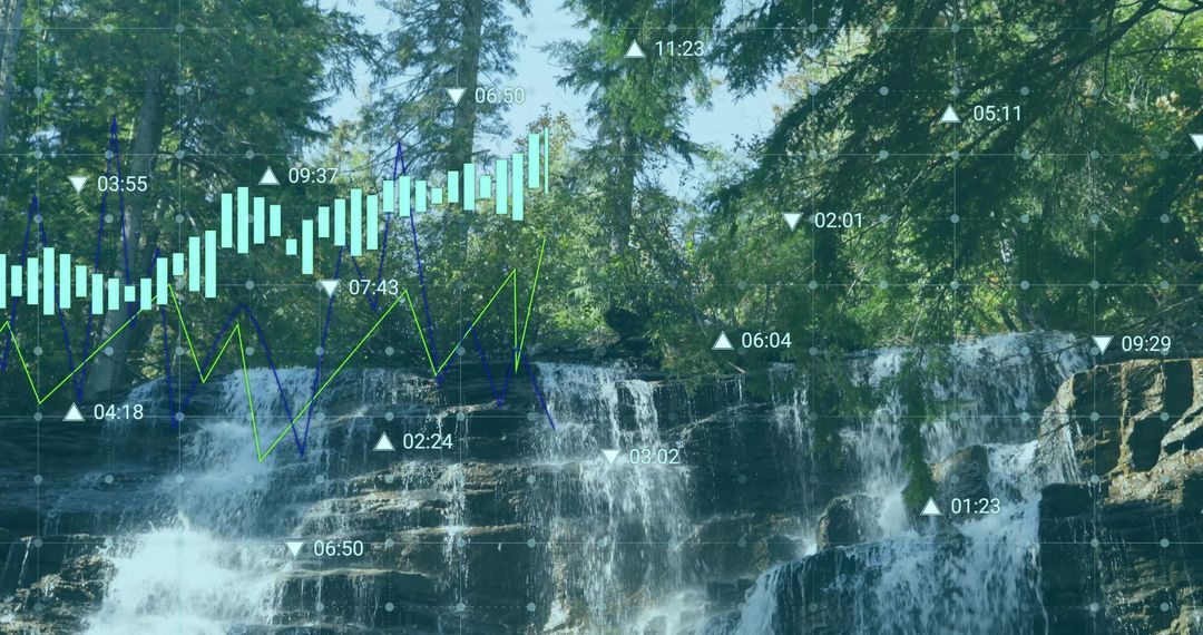 Digital Data Overlay on Waterfall in Forest Landscape