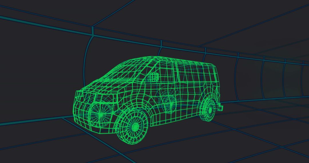 Wireframe Van Model Navigating Futuristic Digital Grid Tunnel