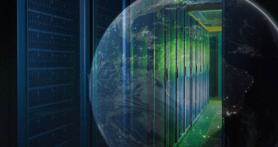 Global Networking Concept with Server Room and Globe Overlay