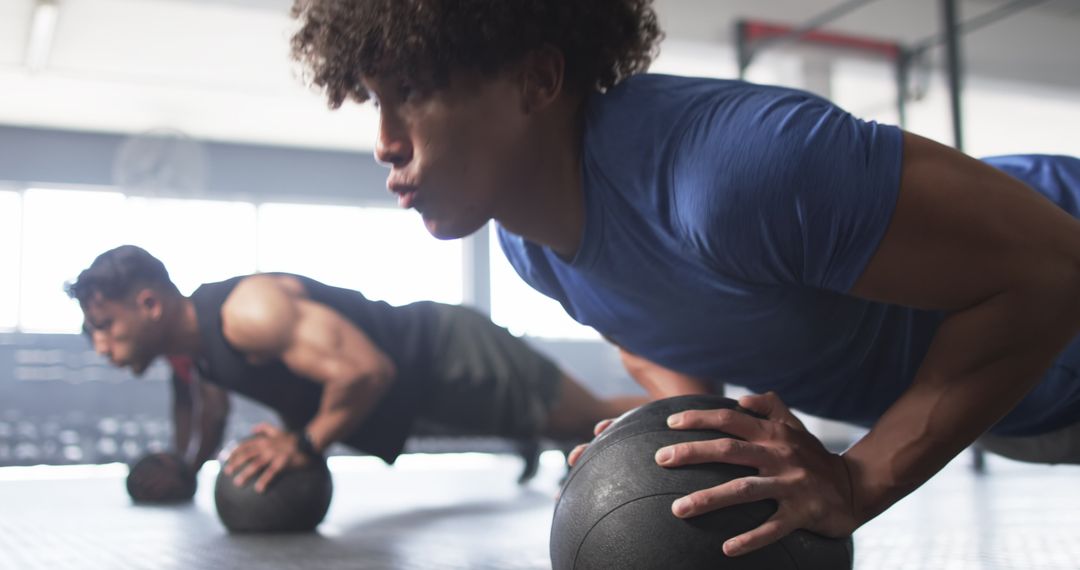 Men Doing Push-Ups on Medicine Balls During Intense Gym Session