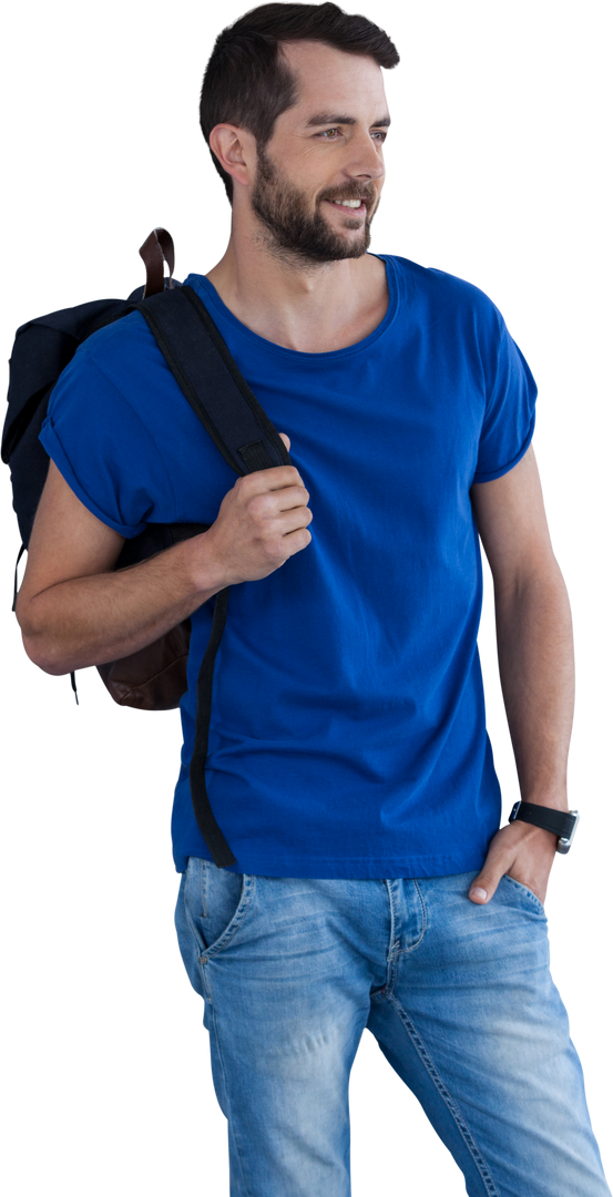 Casual Male Model in Blue T-Shirt with Backpack Transparent Background - Download Free Stock Images Pikwizard.com