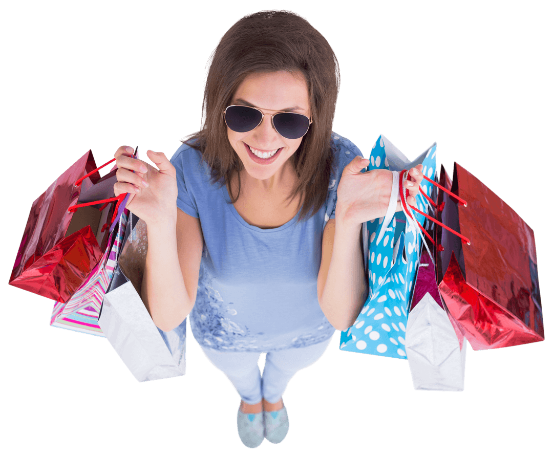 Smiling Woman Holding Shopping Bags in Studio on Transparent Background