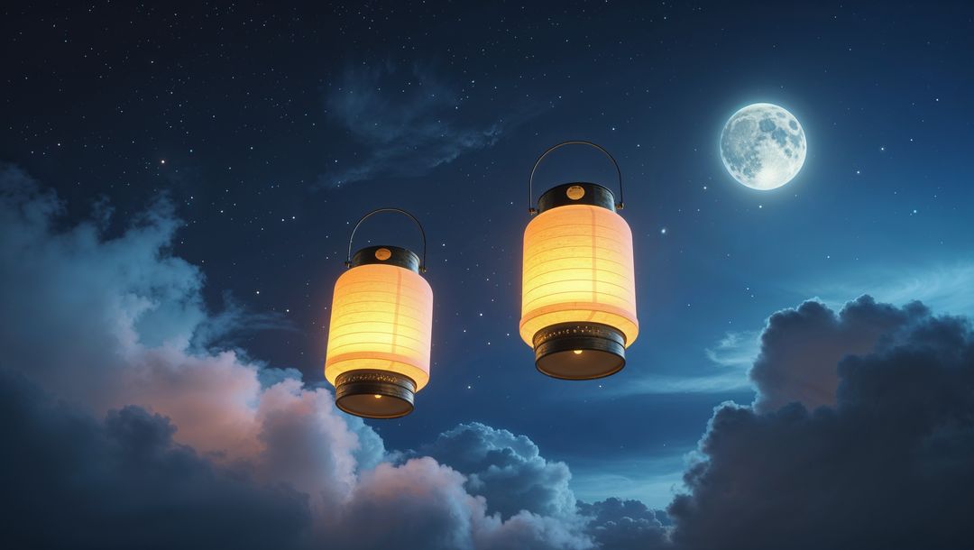 Floating lovers lanterns in tranquil night sky with full moon