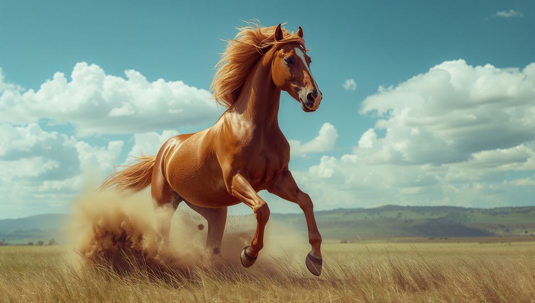 Chestnut horse galloping across vibrant grassland