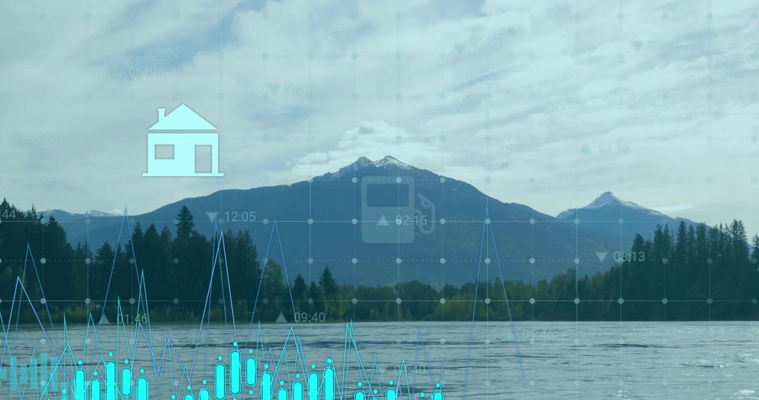 Mountain Landscape with Technology Data Visualization Overlay