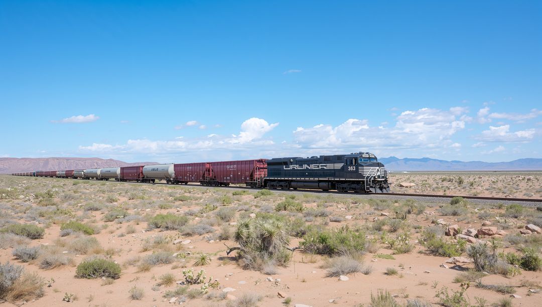 Diesel Freight Locomotive Hauling Long Train Across Arid Desert with Yucca and Open Sky