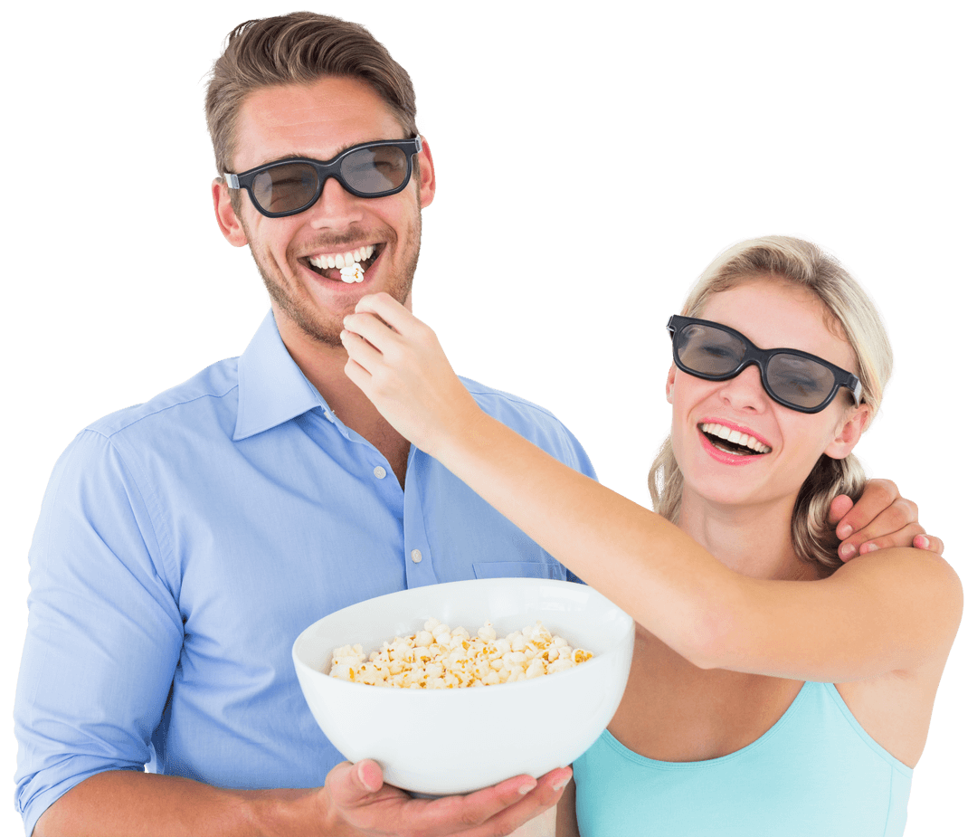 Happy Couple in 3D Glasses Enjoying Popcorn with Transparent Background