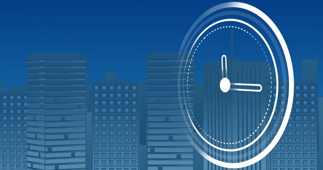 Urban Cityscape with Clock Overlaid on Skyscrapers at Dusk