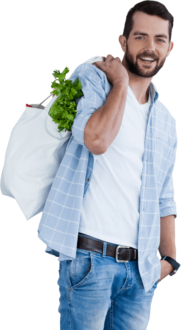 Happy Man Carrying Bag Full of Fresh Vegetables on Transparent Background