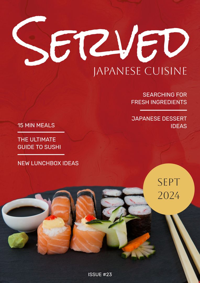 Sushi Magazine Cover with Fresh Japanese Cuisine on Red Background - Download Free Stock Templates Pikwizard.com