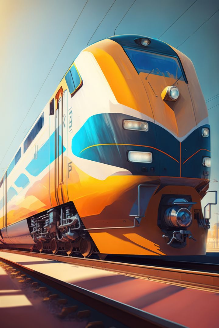 Image of modern orange train on tracks over blue sky, created using generative ai technology - Free Images, Stock Photos and Pictures on Pikwizard.com