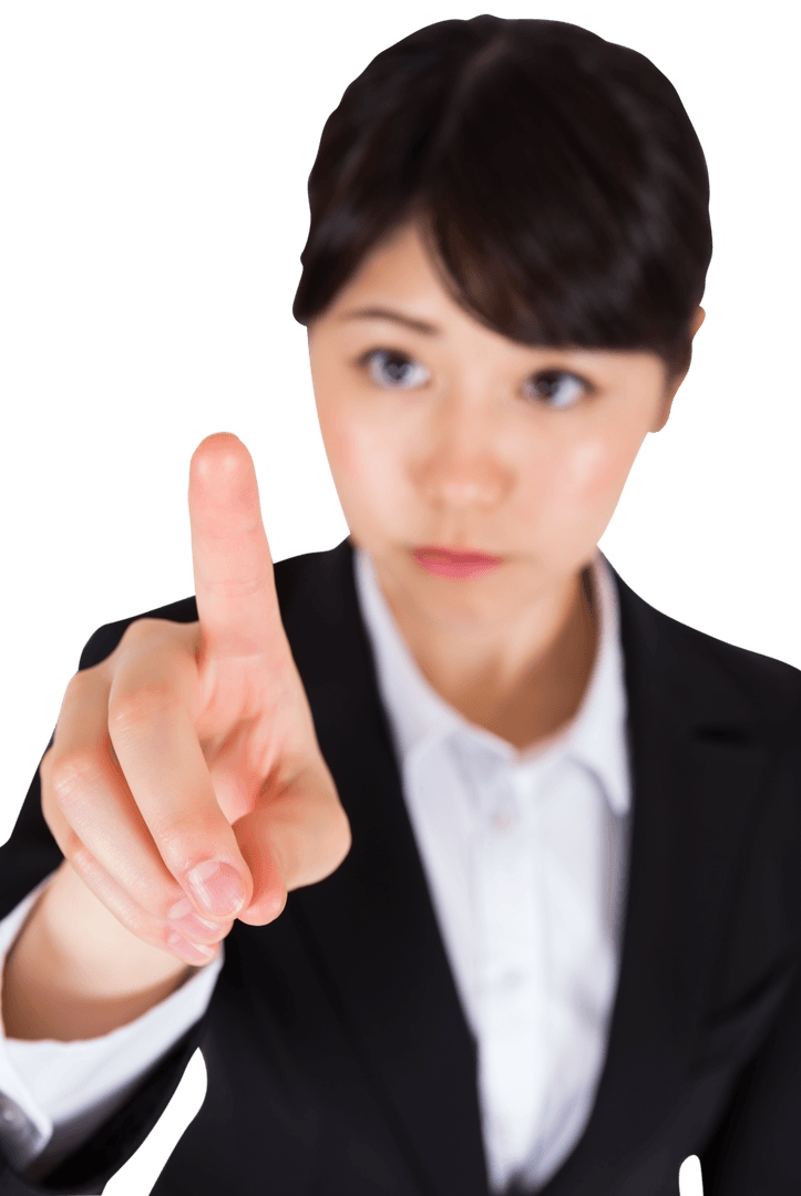 Focused Asian Businesswoman Pointing Index Finger on Transparent Background