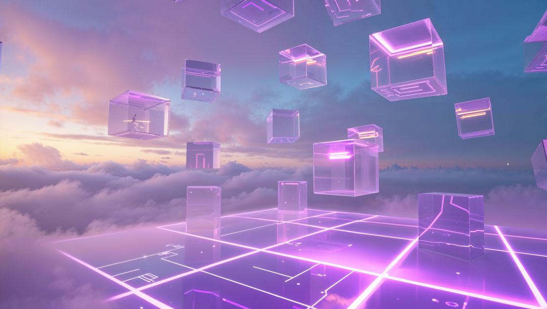 Futuristic Cubes Glowing in Neon Twilight Above Clouds
