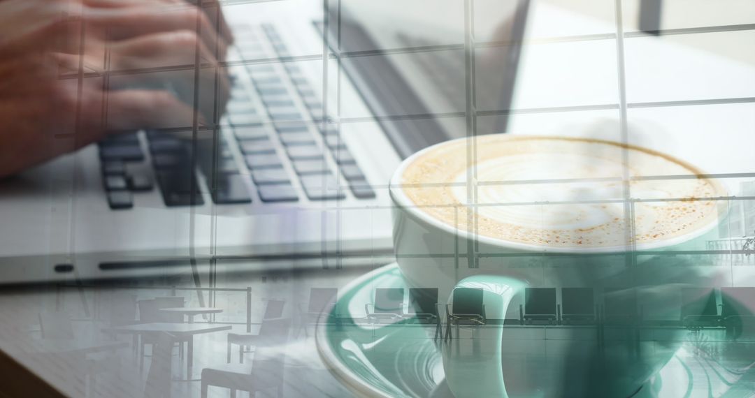 Coffee Cup Overlapping Hands on Laptop for Productivity Concept