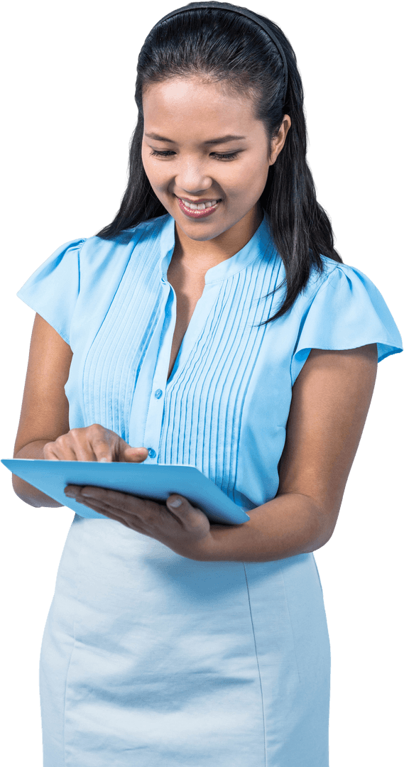 Smiling Businesswoman Engaged with Digital Tablet Transparent Background