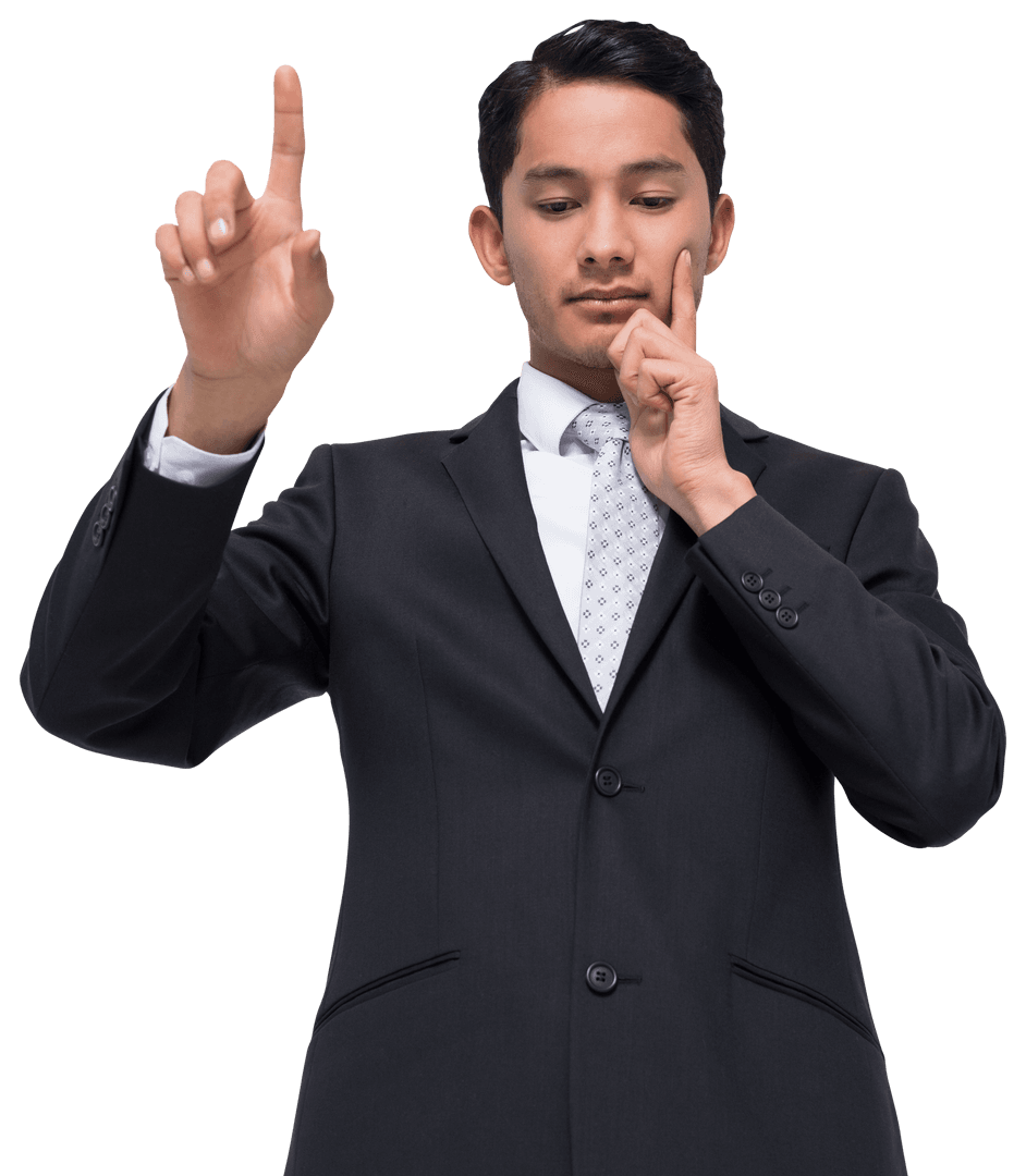 Businessman Interacting with Virtual Interface on Transparent Background