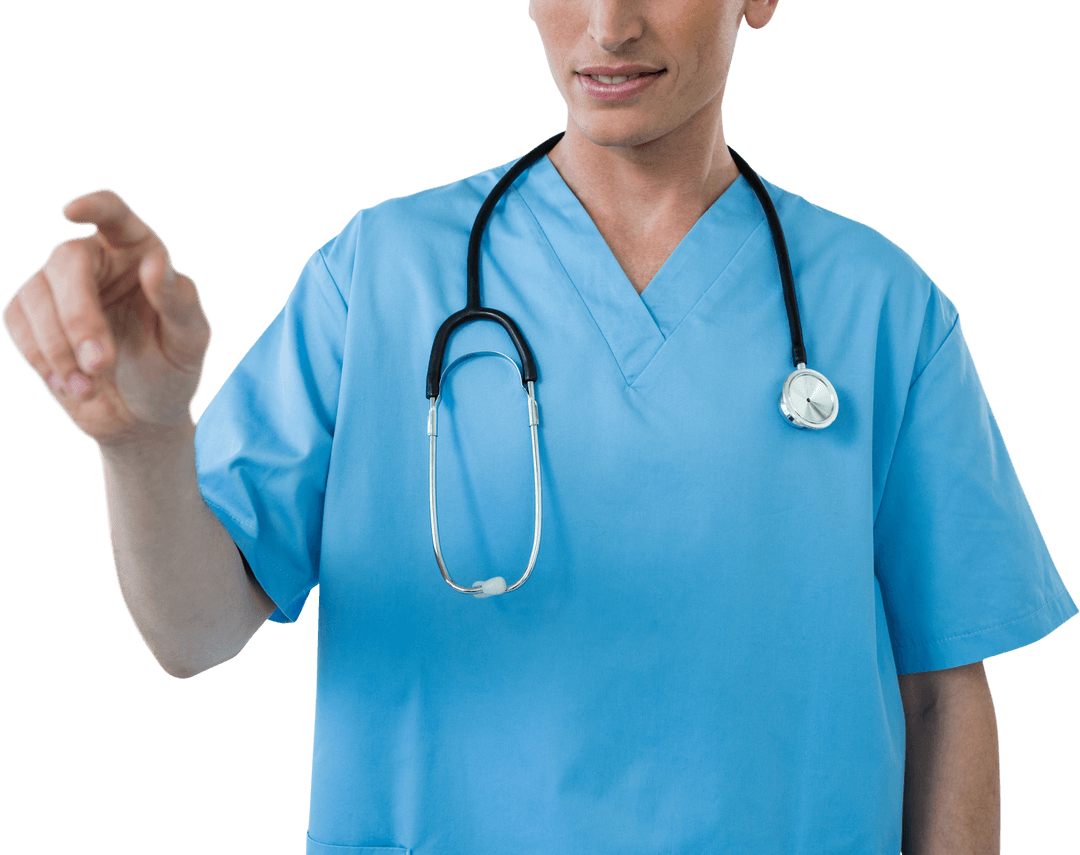 Male Nurse in Scrubs Touching Transparent Interface with Finger