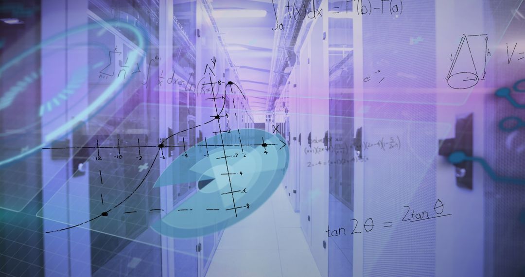 Complex Math Overlays on Futuristic Server Room Background