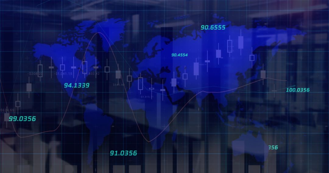 Financial Data Visualization on Digital World Map Background
