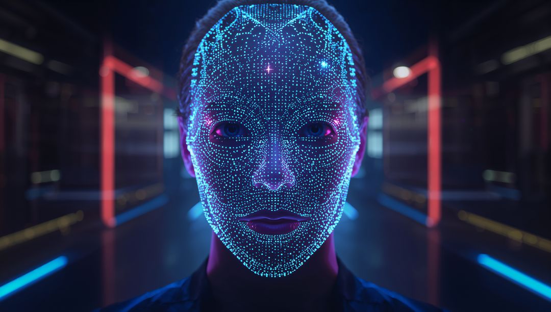 Futuristic Cyber Face Scan in Neon Tech Corridor